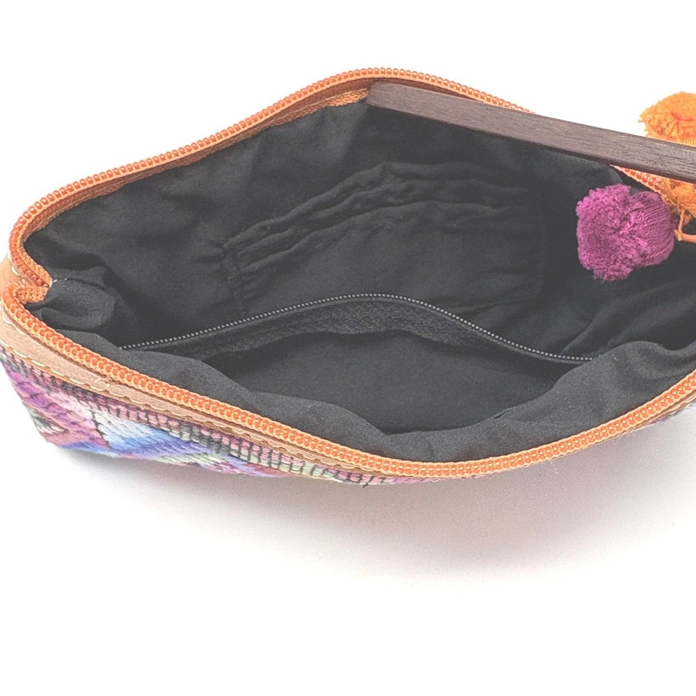 Woven Textile Geometric Wristlet Clutch Bag Zippered Huipil Style Leather Trim - Picture 5 of 9